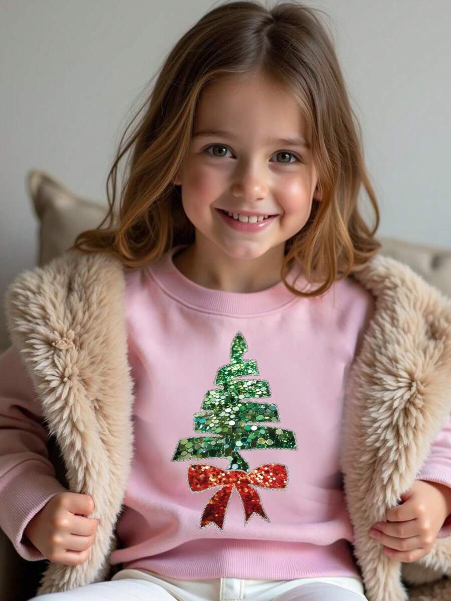 Young Girl Christmas Casual Fashion Cute Cartoon Glitter Bow Christmas Tree Graphic Print Crew Neck Sweatshirt - Pink - View 1