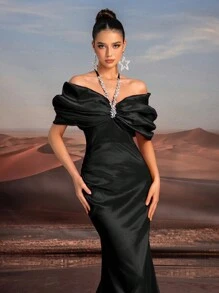 Glamrae Elegant Purple Beads Necklace, Oversized Bow Off-Shoulder Strapless Gown With High Waist Mermaid Hem, Formal Evening Dress For Wedding, Party, Black Dress, For Wedding Guest - Black - View 2