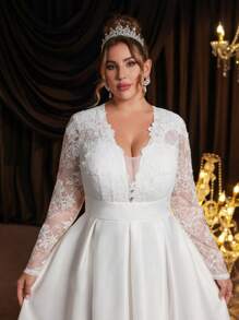 SHEIN Belle Plus Size White Satin Jacquard Splice Sheer Floral Mesh Jacquard V Neck A-Line Dress, Elegant Bridal Shower/Wedding Guest Dress, Little White Dress,Bride