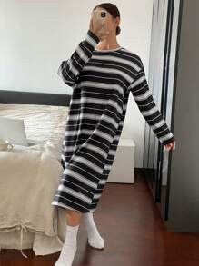 DAZY Striped Soft Plush Fabric Loose Fit Lounge Dress - Dark Grey - View 4