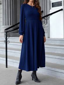 EMERY ROSE Women's Round Red Dress Neck Lantern Sleeve Ribbed Bodycon Winter Dress - Navy Blue - View 5