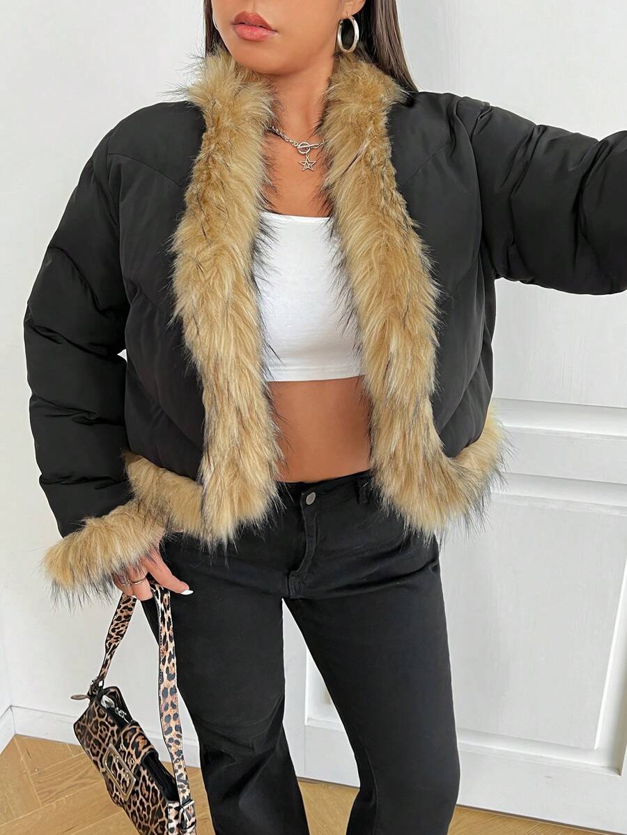 SHEIN EZwear 大码女式保暖内衬夹克,带毛领,适合秋冬季节保暖 - 黑色 - 查看 1