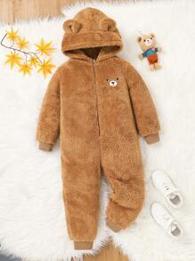 SHEIN 年轻男孩可爱熊刺绣连帽连体衣，休闲连体衣，适合学校、花园、海滩、生日、春夏秋冬