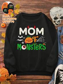 Family Matching Halloween: Women's Casual Loose Fit Long Sleeve Sweatshirt With Monster Mom Text And Bat Pattern Print Pullover Fall Sweatshirt - Black - View 4