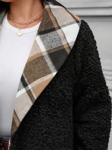 SHEIN LUNE Abrigo de peluche con cuello de chal a cuadros en contraste, talla grande, casual, para otoño/invierno/Día de Acción de Gracias, traje de fiesta, térmico