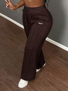 Slaydiva Women Casual Loose Drawstring Waist Straight Leg Pants - Coffee Brown - View 4