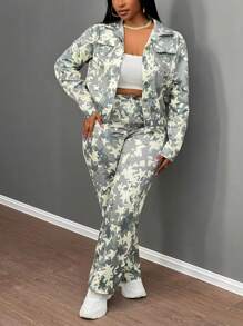 Slaydiva Casual Street Style 2 Pieces Set - Long Sleeve Multi-Pocket Jacket Top And Loose Wide-Leg Pants, Women Camouflage Utility Suit, Autumn/Winter - Multicolor - View 3