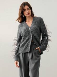 Anewsta Women's Fashion Modern Christmas Floral Gray Sequin Rhinestone Feather Decor Pullover Sweater For Work, Autumn