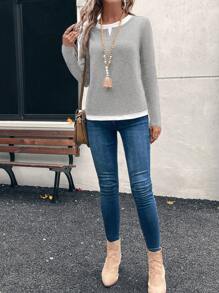 EMERY ROSE Women Contrast Color Trim Round Neck Casual Versatile Long Sleeve T-Shirt - Light Grey - View 4