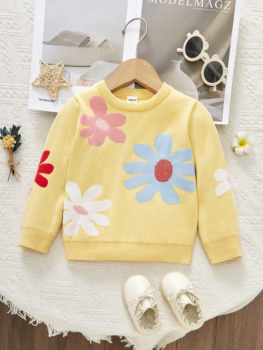 Áo len dệt kim dài tay họa tiết hoa thời trang giản dị dễ thương thoải mái mềm mại tối giản ấm áp đa năng cho bé gái, thích hợp mặc ở nhà, đi chơi hàng ngày, ngoài trời, tiệc tùng, mùa thu/đông - Màu vàng - Xem 1