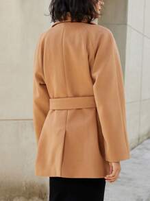 EMERY ROSE 1pc Women Lapel Collar Loose Cinched Waist Pocket Overcoat Fall Cloth For Women - Camel - View 2