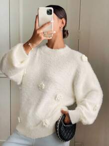 SHEIN Frenchy 女士纯色落肩长袖宽松休闲花卉 3D 针织毛衣，秋冬 - 米色 - 查看 3