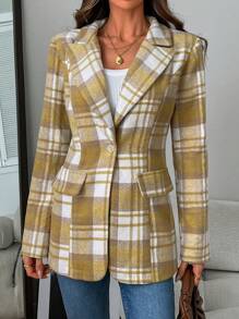 Chiquease 女式格子立领长袖优雅办公室西装外套，秋季