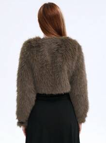 Fashionable Buckle Strap Front Cropped Fuzzy Jacket, Autumn/Winter - Dark Grey - View 2