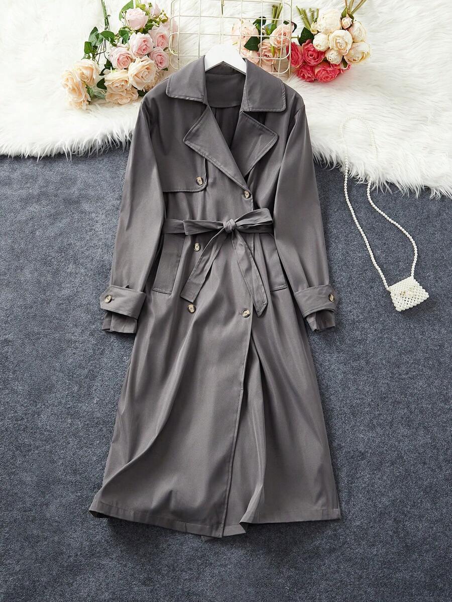 SHEIN LUNE Women's Long Gray Trench Coat For Fall/Winter - Dark Grey - View 1