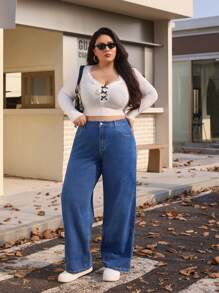 SHEIN EZwear Gerade Jeans in Große Größen mit Washed, gefaltetem Design