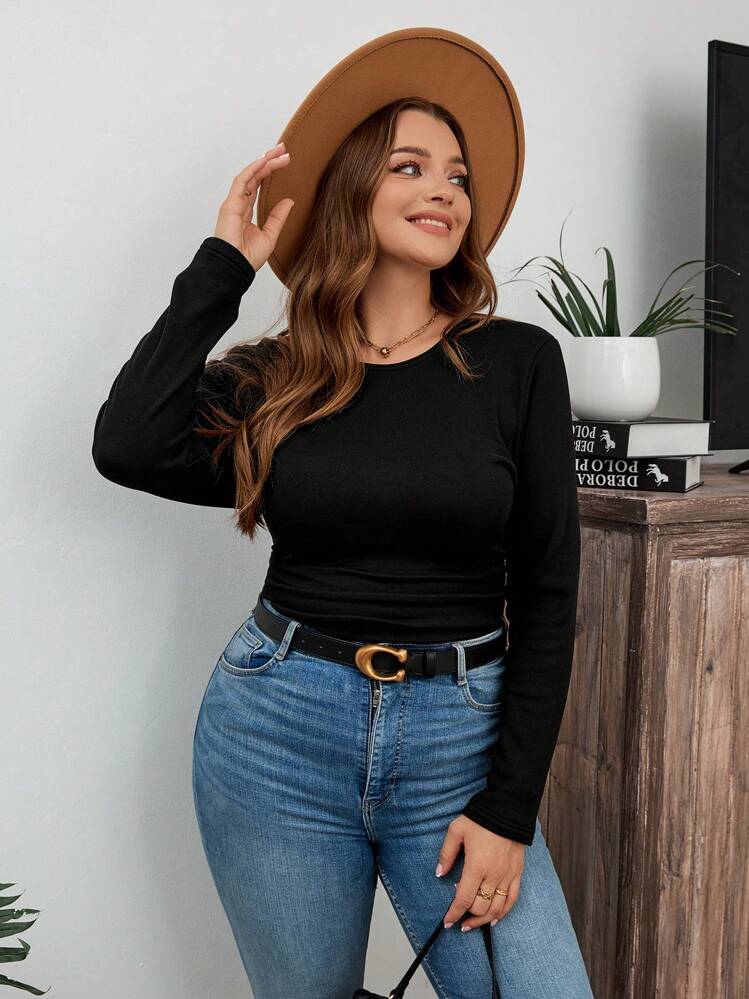 SHEIN LUNE 加大码冬季加厚圆领修身长袖保暖T恤，休闲日常假日穿着 - 黑色 - 查看 4