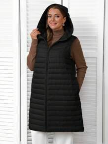 EMERY ROSE Plus Size Women's Winter Women Coat Solid Color Simple Daily Hooded Sleeveless Padded Coat - Black - View 3