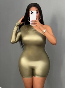 Slaydiva Music Festival Pu One Shoulder Long Sleeve Tight Romper - Dark Green - View 3