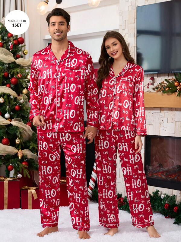 Manfinity CoupledUp Conjunto de pijama de camisa y pantalones de seda sintética con diseño de copos de nieve y ambiente navideño rojo a juego para parejas, ropa de otoño e invierno