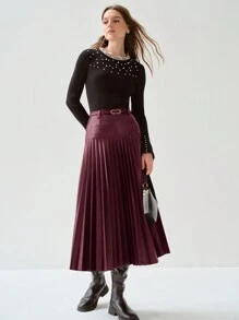 Enchnt Elegant Burgundy PU Pleated Skirt,Autumn Winter Women's Clothing, Frenchy Casual Workwear,Dining,Halloween & Christmas Party New Years Skirt - Burgundy - View 4