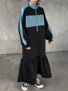 FRIFUL Women Loose Contrast Color Layered Design Dress,Ruffle