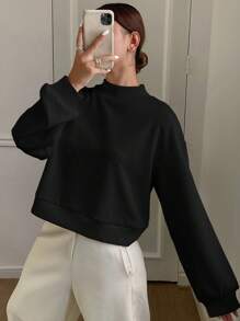 DAZY 1 件女士休闲纯色纹理宽松运动衫，秋冬，长袖上衣，秋季女装 - 黑色 - 查看 6