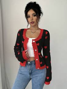 Elenzga 女士纯色拼布前扣长袖休闲修身开衫 - 黑色 - 查看 1