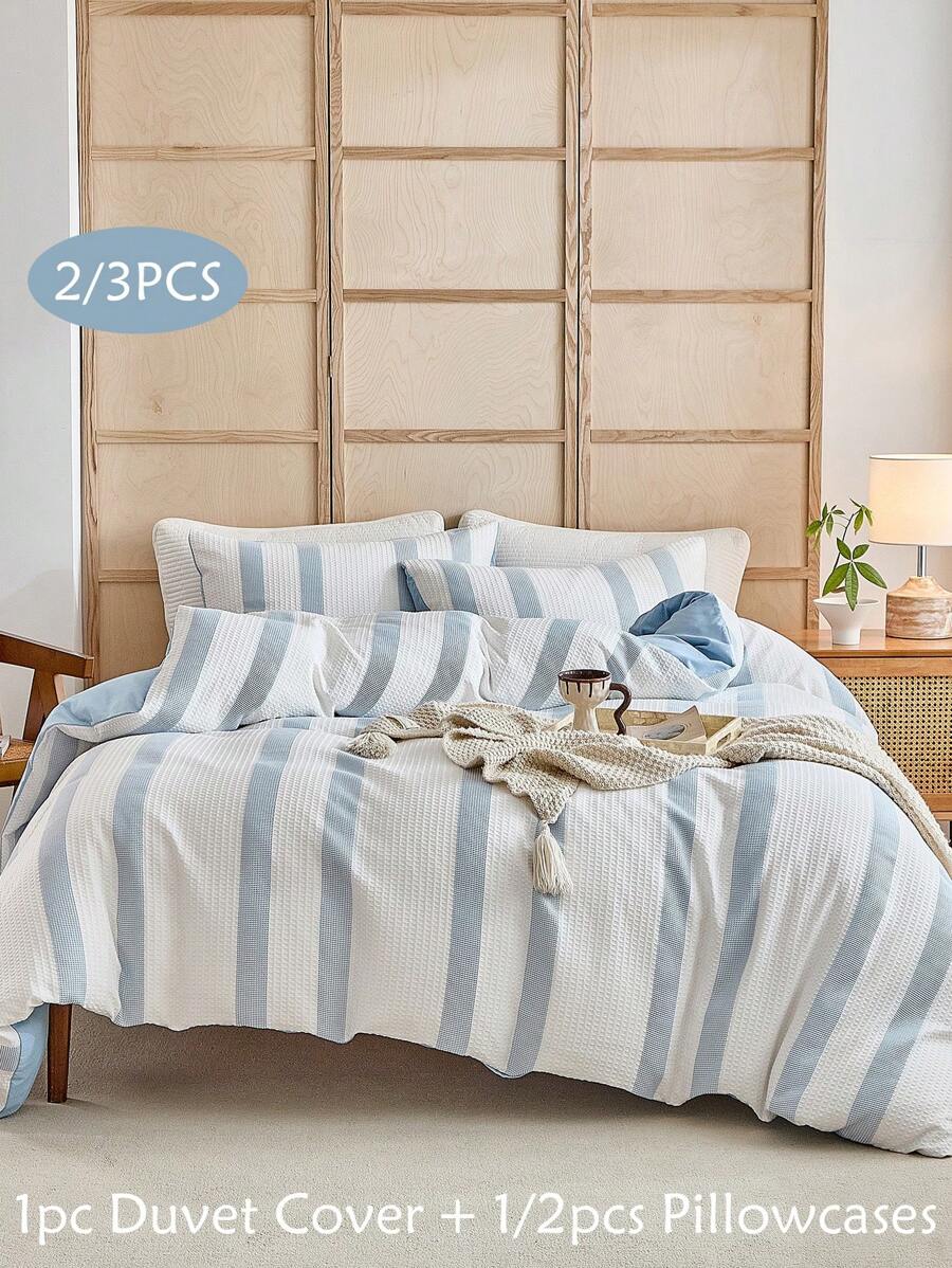 2/3 件蓝色纹理华夫格涤纶床上用品套装，适合所有季节的简约现代风格（1 个羽绒被套 + 1/2 个枕套（S）） - 藍色 - 查看 1