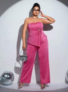 SHEIN ICON Bộ 2 món cho nữ cỡ lớn, áo và quần ống đứng viền bất đối xứng, màu trơn thanh lịch - Hồng - Xem 5