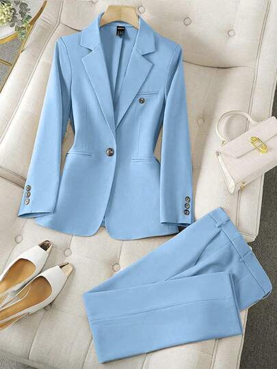 Franclia Women's Minimalist Notched Collar Single Button Blazer Jacket And Pants Suit, For Commuter Fall Cloth For Women