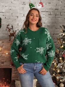 SHEIN LUNE 女士加大码绿色圣诞树雪花针织毛衣，长袖，冬季针织套头衫 - 綠色 - 查看 6