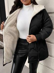 SHEIN Frenchy Plus Size Women Wavy Pattern Cinched Waist Adjustable Hood Padded Padded Coat For Autumn/Winter - Black - View 3