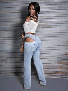 SHEIN Slayr Jeans rectos de cintura regular de moda casual para mujer, para primavera/otoño