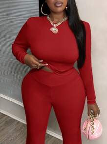 Slaydiva Übergröße Herbst/Winter Lotuswurzelrosa Lässiges, tailliertes, einfarbiges Set mit kurzem, langärmligem Oberteil und hoher Taille und langen Hosen