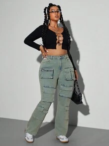 SHEIN ICON Quần Jeans Denim Nhiều Túi Phong Cách Cổ Điển Cho Nữ Cỡ Lớn - Rửa trung bình - Xem 4