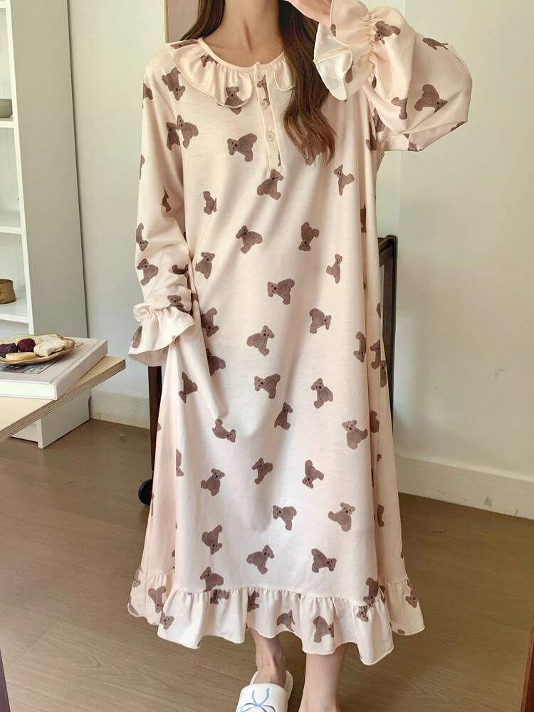 Bear Pattern Cute Ruffle Trim Loose Nightgown Pajama, Moo Moo, Fall, Winter