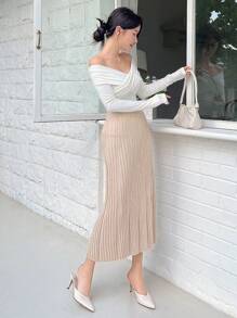 DAZY 1 chiếc váy dệt kim tối giản màu trơn cho nữ, mặc thường ngày, thu/đông - Màu be - Xem 3
