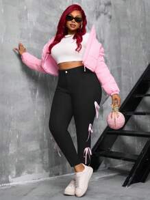 Plus Size Women High Stretch Denim Pants With Side Bow Ribbon Design - Black - View 5