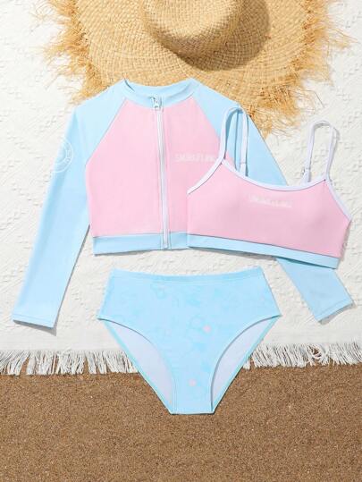 SHEIN Bộ bikini 3 món cho bé gái tuổi teen: Áo hai dây phối màu + Quần tam giác trơn màu + Áo khoác dài tay có khóa kéo, đi biển mùa hè