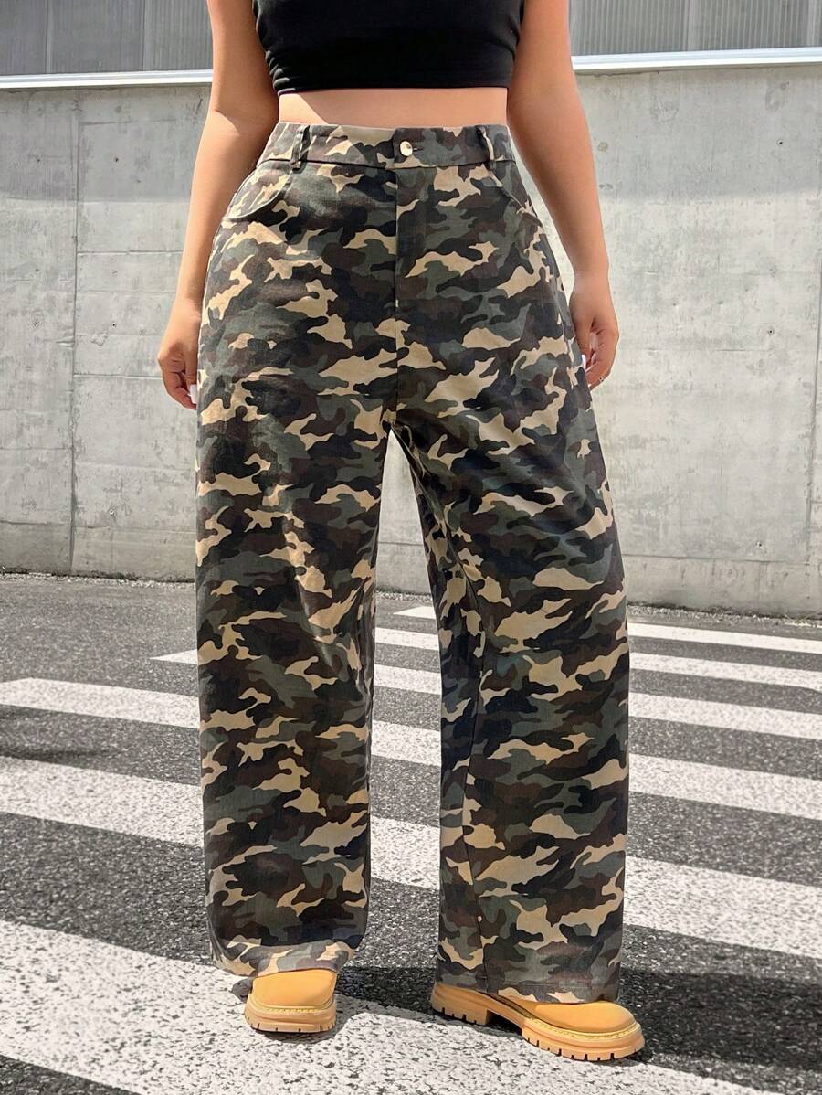 SHEIN EZwear Plus Size Camouflage Stretchy Loose Pants, Autumn/Winter - Multicolor - View 1