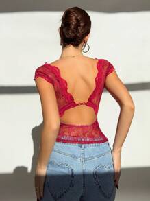Aloruh 优雅小众设计纯情风格深 V 领露背蕾丝撞色吊带背心 - 酒紅色 - 查看 2