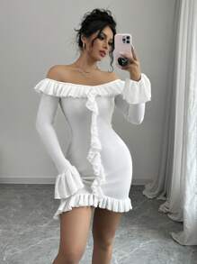 Chiquease Váy len bó tay dài hở vai xếp nếp cho nữ - trắng - Xem 3