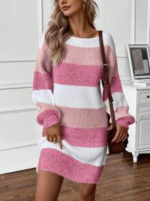 SHEIN LUNE Women Crew Neck Long Sleeve Striped Casual Short Sweater Dress In Fall/Winter - Multicolor - View 1