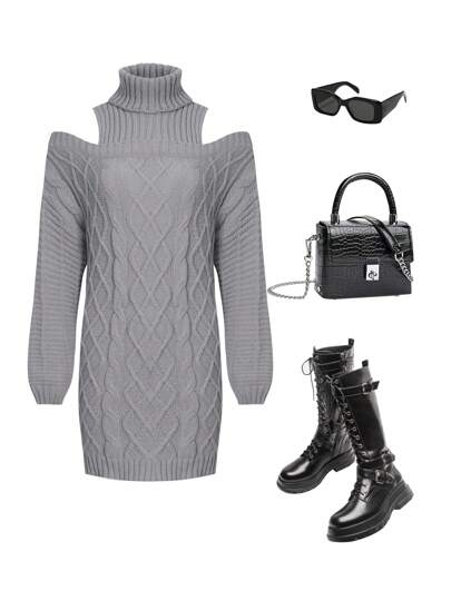 Teen Girl Casual Solid Color Open Shoulder Turtleneck Sweater Dress, Autumn/Winter