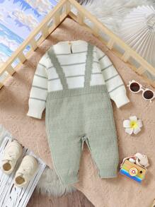 SHEIN Baby Girl Striped Round Neck Long Sleeve Casual Knit Romper, For Autumn/Winter - Green - View 2
