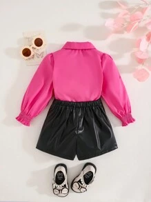 SHEIN 2pcs Babygirl Set, Long Sleeve Blouse And PU Leather Elastic Waist Shorts, Cute Pink Color, Autumn/Winter - Multicolor - View 2