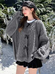 DAZY Women Casual Bowknot Decor Drop Shoulder Loose Cardigan, Autumn/Winter,Long Sleeve Tops,Fall Women Clothes