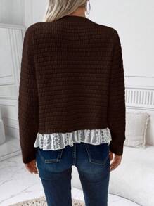SHEIN Unity Chaqueta de punto casual de mujer con bloqueo de color y encaje, para otoño/invierno - Café integral - Ver 2
