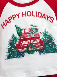 2 件装女婴圣诞 2024 图案口号印花长袖 T 恤和格子裤休闲装 - 紅色 - 查看 4